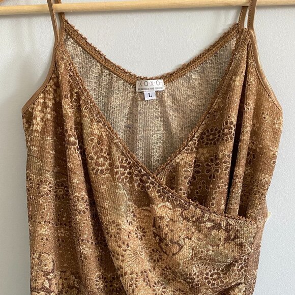Vintage Y2K Gold Sparkle Camisole Knit Tank with Crossover, Ruching Floral Party - Picture 2 of 14